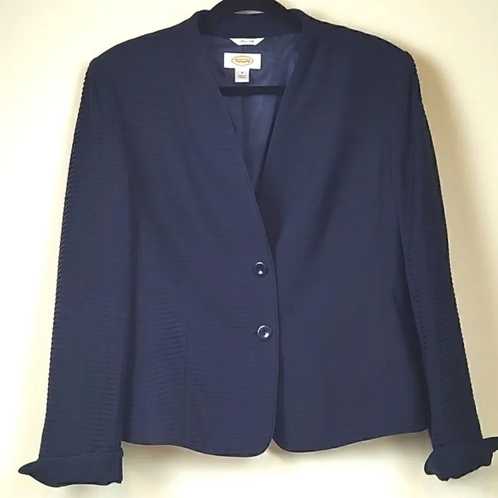 Talbot's Silk Mini Shutter Pleat Collarless Blazer/Jacket in Navy Blue Size 8